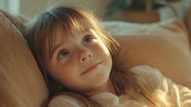Close-up of a smiling girl lying on pillows in warm lighting