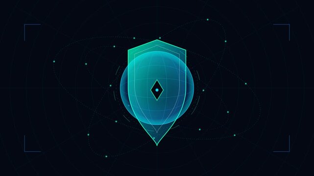 Futuristic glowing digital shield emblem representing cybersecurity, data privacy, and online network defense system