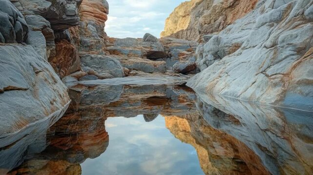 Rock Formations Reflecting in a Still Water Pool in a Canyon
