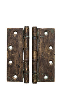 Pair of aged brass door hinges on transparent background