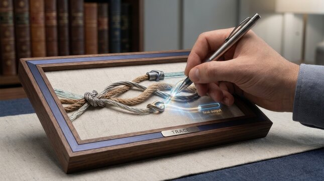 Hand holding pen and picture of rope illustrating data lineage tracing analytical results to original source