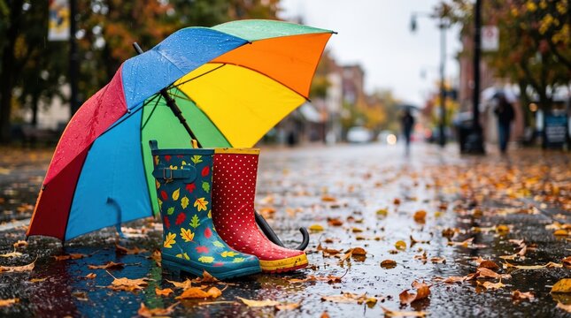 Rainbow umbrella and rain boots on wet street