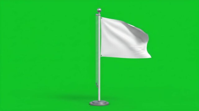 White flag waving on a pole, isolated on a green screen background, signifying surrender or peace.