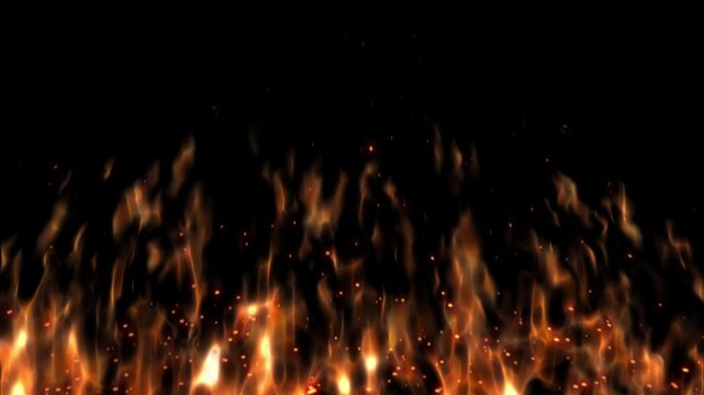 Realistic fiery flames and glowing sparks rising dynamically against an isolated black background for cinematic film trailers, action sequences and dramatic advertising campaigns