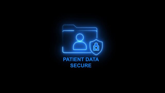 Patient data secure neon animation, medical cybersecurity and digital health privacy concept for healthcare technology and electronic records protection