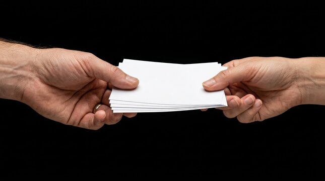 Human hands passing white blank paper tickets or flyers, isolated view.