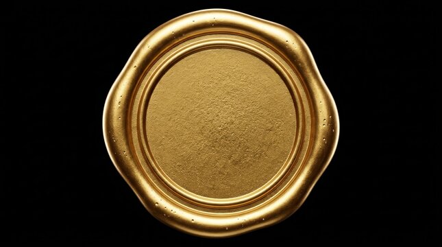 Golden wax seal with a circular embossed border and detailed textured surface.