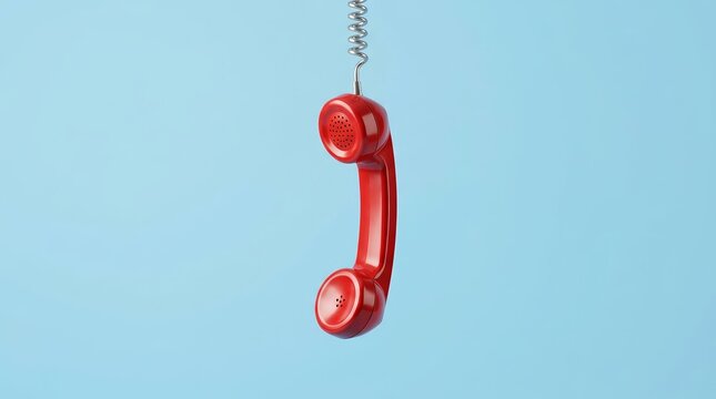 Isolated red landline phone receiver hanging on a neutral blue backdrop.