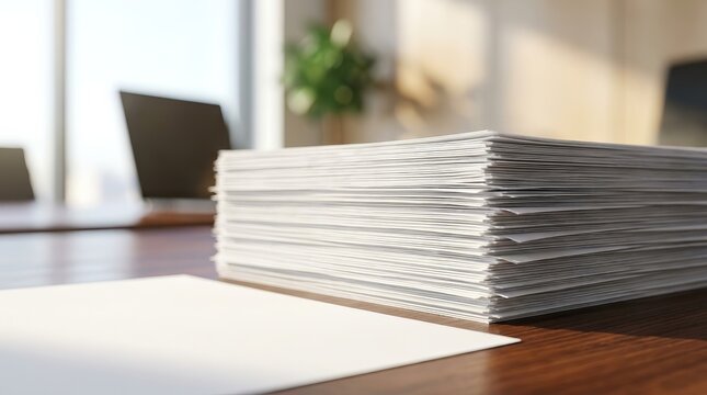 A stack of white paper files resting on a desk with soft natural sunlight.