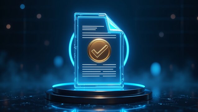 Transparent glowing blue glass‑style digital document with golden check‑mark seal, on dark futuristic podium, soft bokeh tech background, 3D cyber‑render.