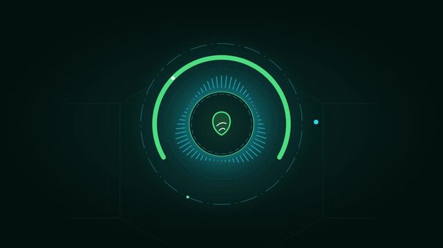 Futuristic Digital HUD Interface with Glowing Green Circular Scanning Element and Cybernetic Radar Design on Dark Background