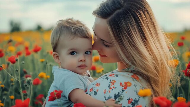 Mother and toddler sharing a tender moment in a poppy field