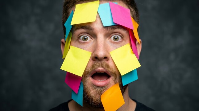 Man with a shocked expression covered in many colorful sticky notes and messages.
