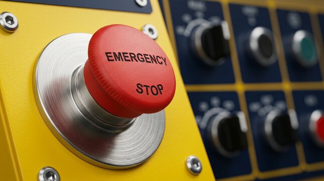 Industrial engineering detail featuring a red emergency stop button and yellow safety panel.