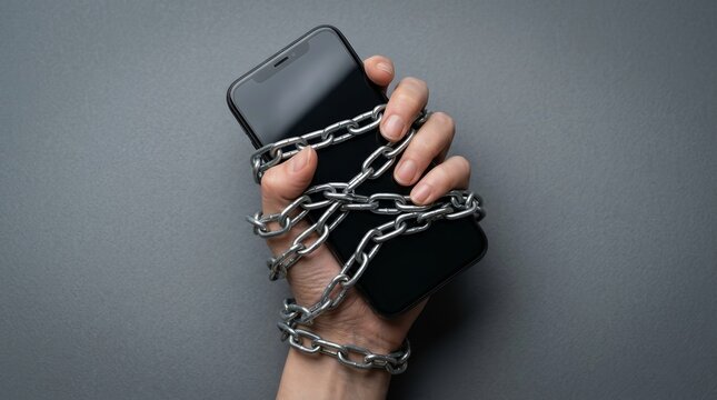 Metal chain wrapped around a black smartphone held by a woman's hand against a grey backdrop.