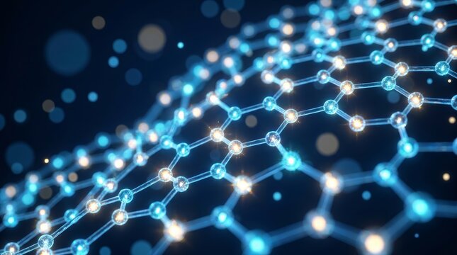 Nanotechnology science concept featuring an abstract glowing blue graphene molecular structure.