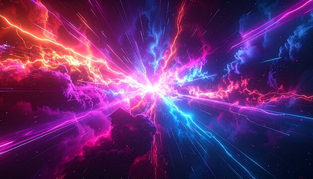 中央へ集中する多色のエネルギー衝突と稲妻。鮮やかなネオンカラーの光線と星雲が交差するSF・サイバー風背景素材