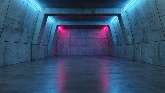 Futuristic corridor with metallic textured walls and neon pink and blue lighting casting reflections on the floor, creating a sci-fi atmosphere.