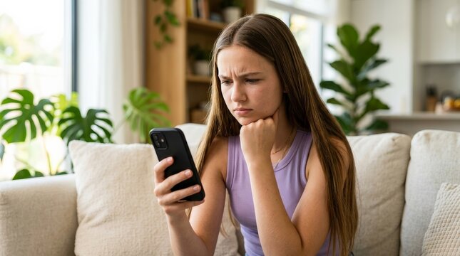 Young teenage girl feeling mistrustful while viewing digital content on a mobile device.