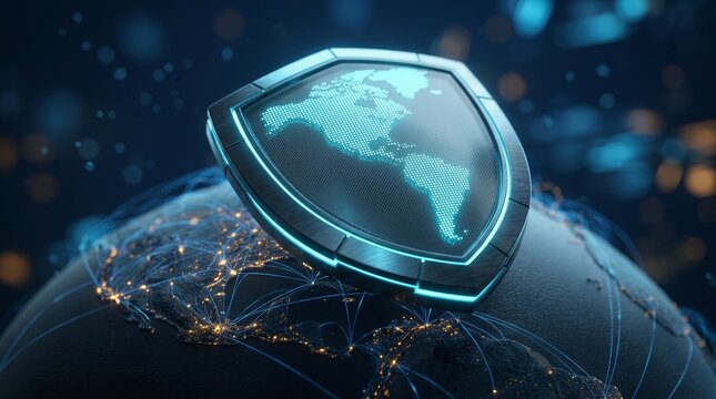 Global financial markets concept showing a digital shield protecting a futuristic earth globe.