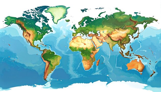 A colorful physical map of the world displays continents and oceans in a classic style.