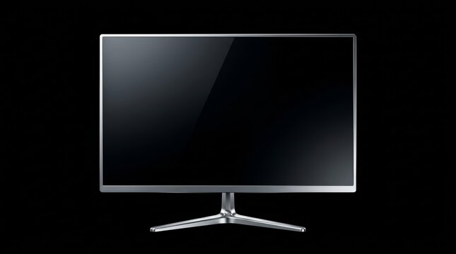 Modern flat screen display on a silver base isolated on a black background.