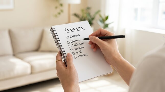 Hand holding a pen to check off tasks on a housework to-do list for a clean home.