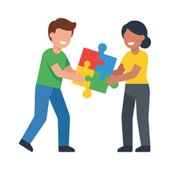 Fototapeta premium Two Diverse People Collaborating Together to Solve a Colorful Jigsaw Puzzle