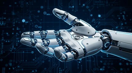 Fototapeta premium Close up of a high-tech artificial intelligence robotic hand in a digital space.