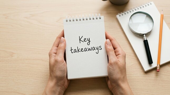 Key takeaways message written on a piece of paper held by hands.