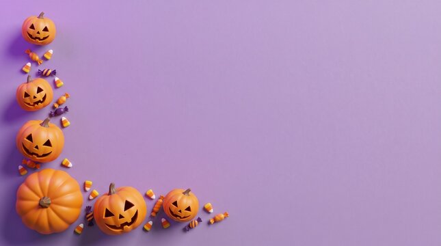 Stack of glowing jackolanterns forming an l shape against a lavender background