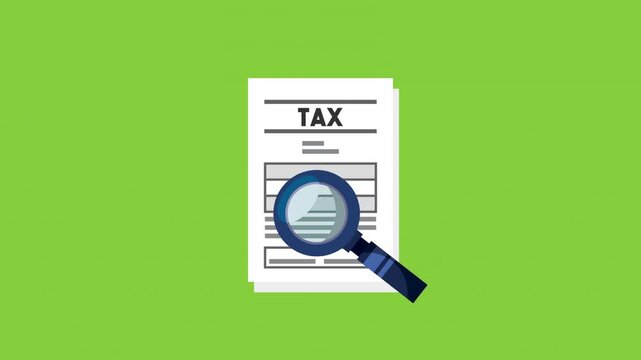 Animated tax document audit with magnifying glass motion graphics on green screen background for finance concepts.