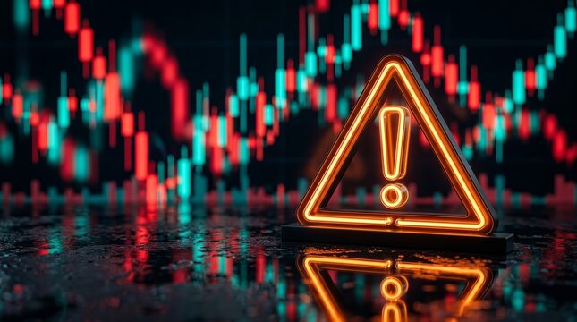 A glowing orange warning sign with an exclamation mark symbolizing stock market volatility and financial crisis.