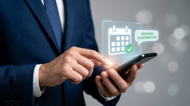 Online healthcare concept featuring a businessman interacting with a digital medical booking hologram.