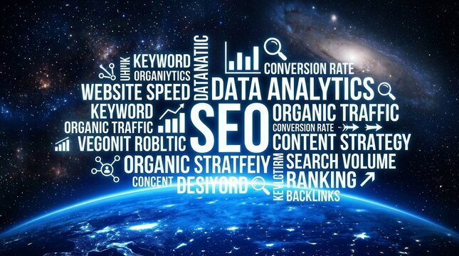 Global SEO best practices and keyword optimization visualized against a space background.