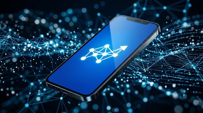 A smartphone displaying the LinkedIn logo against a background of digital AI technology.