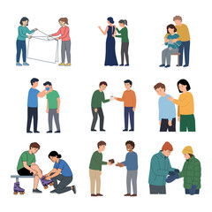 Obraz premium Set of diverse people helping each other and sharing kindness in daily situations