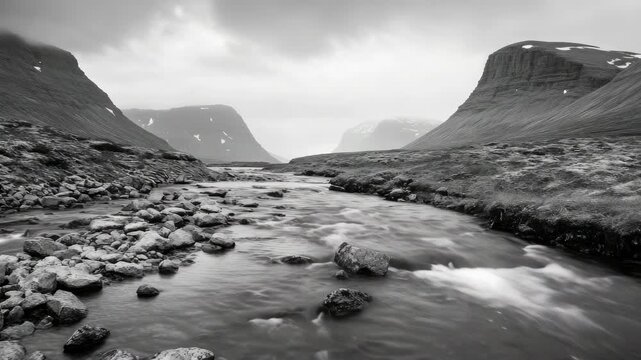 Monochrome Mountain Landscape with a River Flowing Over Rocks