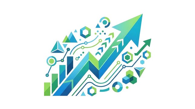 Business growth concept with rising arrow bar chart and abstract data infographics