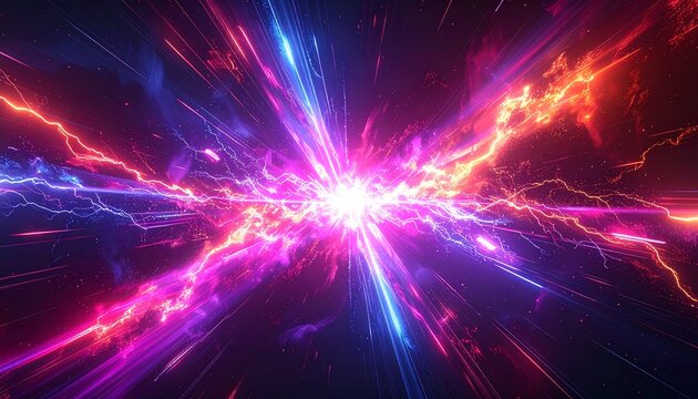 中央から放たれる多色の強烈なネオンエネルギーとビーム。上下左右へ拡散する稲妻と光速感あふれるSF・サイバー風背景素材
