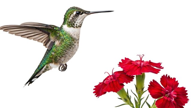 Hummingbird hovering beside red hibiscus flowers on white background