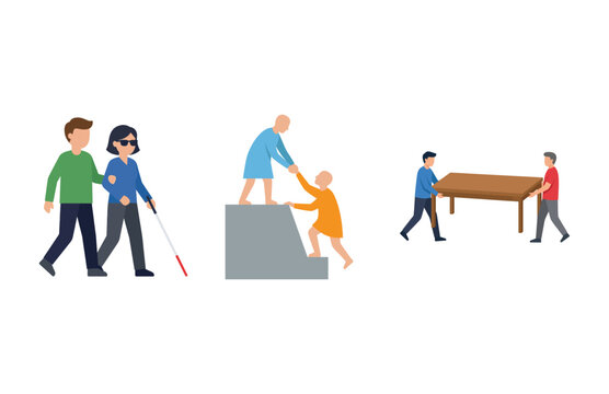 Set of Vector Illustrations Depicting People Performing Acts of Kindness and Mutual Assistance