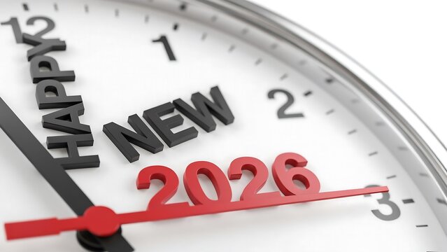 2026 happy new year celebration with clock face and red second hand