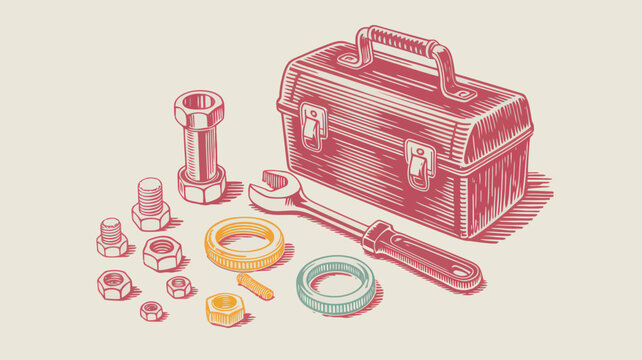 Vintage toolbox illustration, retro metal tool box with wrench and hardware, hand-drawn industrial repair equipment vector