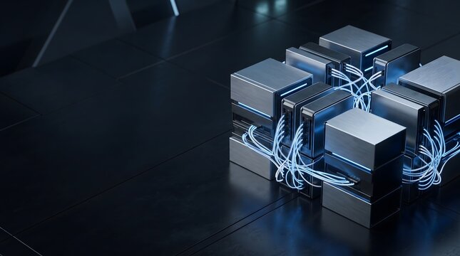 3D render of a global AI infrastructure concept featuring metallic server modules connected by glowing blue fiber optic cables.