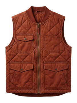 A stylish rust brown quilted vest with pockets isolated on a white background.