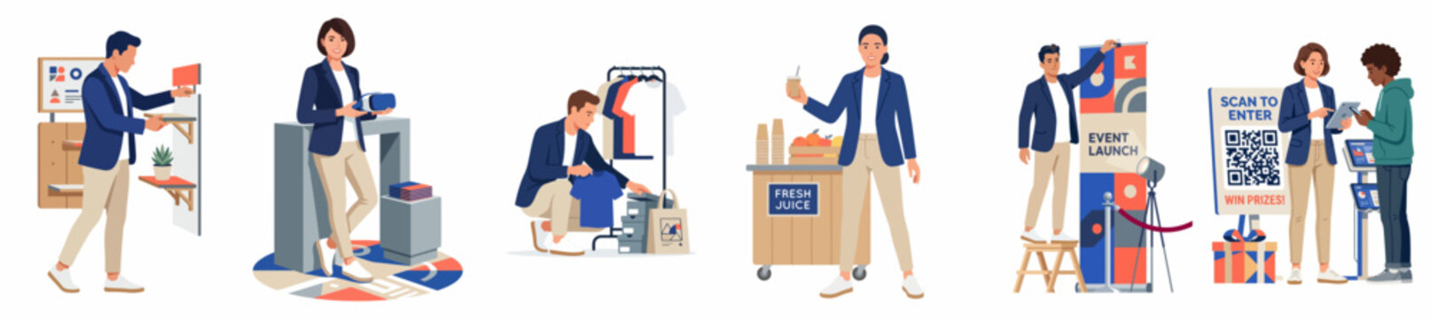 Collection of flat vector illustrations showing professional staff managing retail displays, setting up events, and assisting customers in various business environments