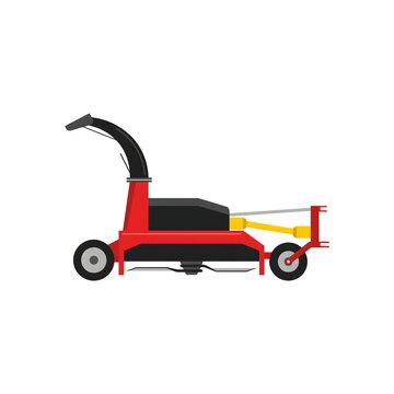 Side view of a red and black agricultural wood chipper or shredder machine with a discharge chute and wheels, designed for processing organic material.