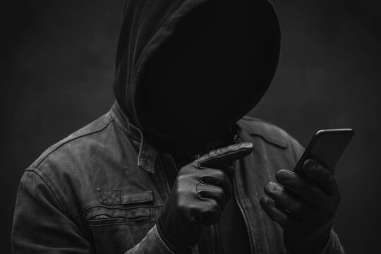 Anonymous hooded hacker using smartphone stock photo. Faceless shadowy figure in leather jacket and gloves using mobile phone, dark cybercrime concept.