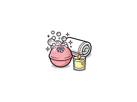 Pink Bath Bomb With Towel And Candle Spa Care Vector Illustration